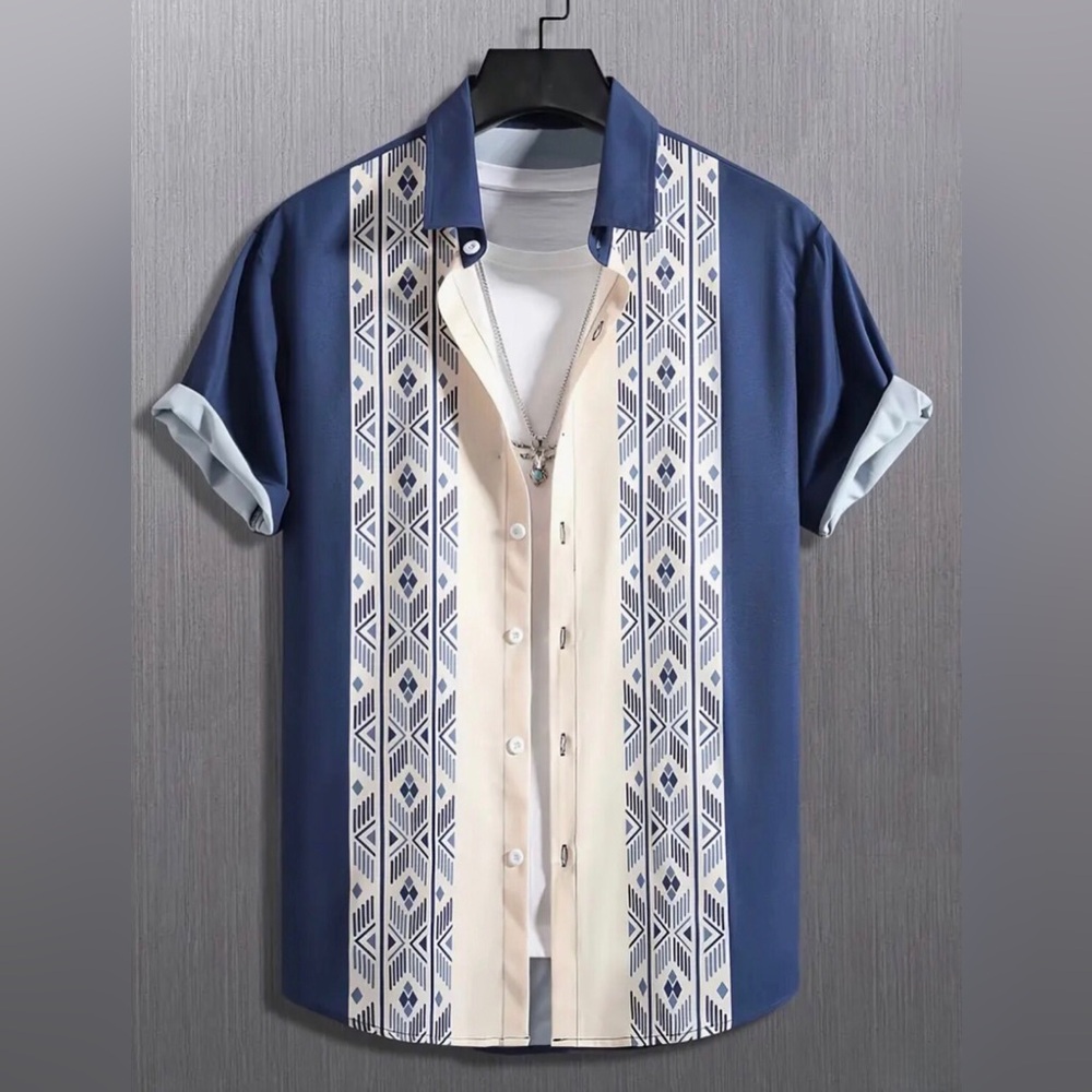 Geometrical Print Short Sleeve Blue Shirt w Lapel Collar (XXL)